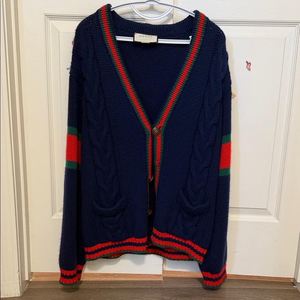 Gucci Dark Blue Knit Cardigan with Red and Green Accents